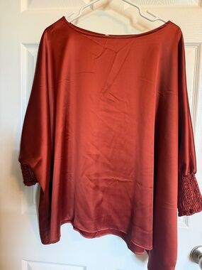 Flowy Rust Satin Tunic with Smocked Cuffs